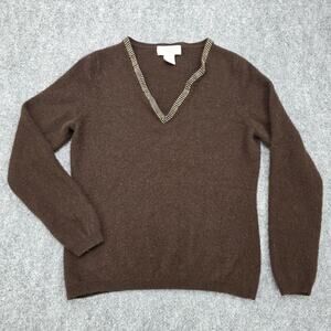 Peck Peck Sweater Womens Medium Brown Cashmere V Neck Rhinestone Trim Studded